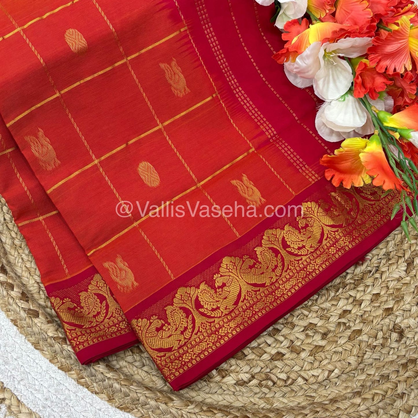 Semi Silk Cotton Saree - orange with with Red shade - VVSSC002