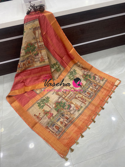 Semi Art Silk Saree - Peach & Rust Orange Shade - VVSAT002