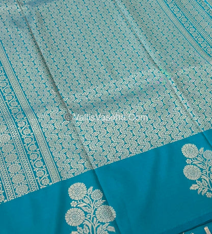 Semi Soft Silk - Flower  Butta Border - Turquoise Blue Shade -VVSSS016