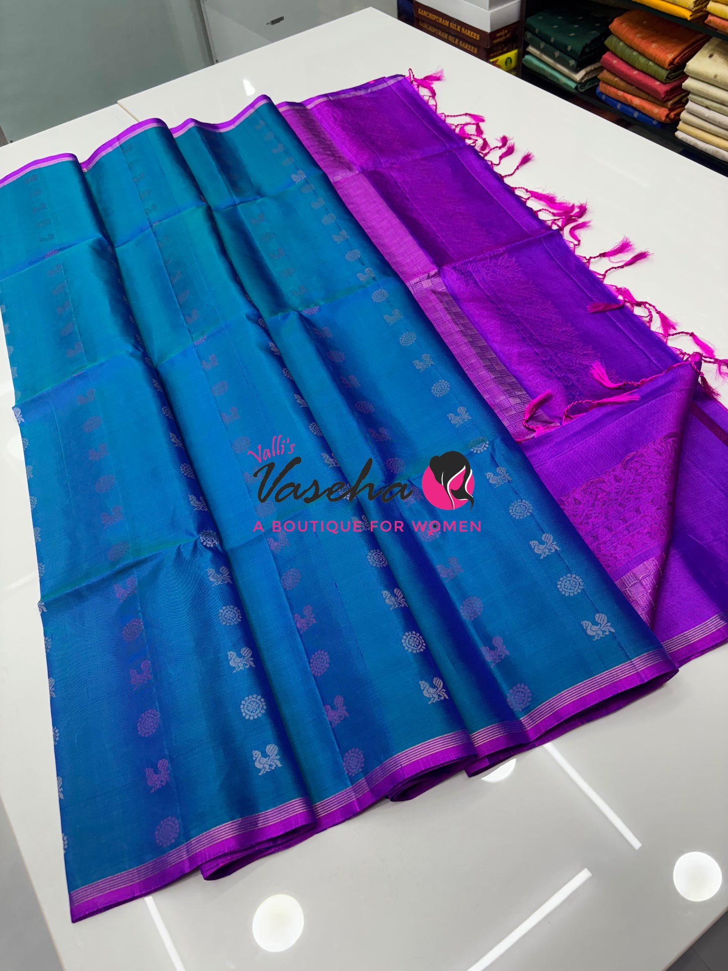 Pure Soft Silk Saree  - Blue & Purple Combo  - VVPSS055