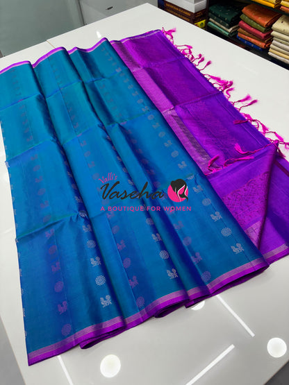 Pure Soft Silk Saree  - Blue & Purple Combo  - VVPSS055