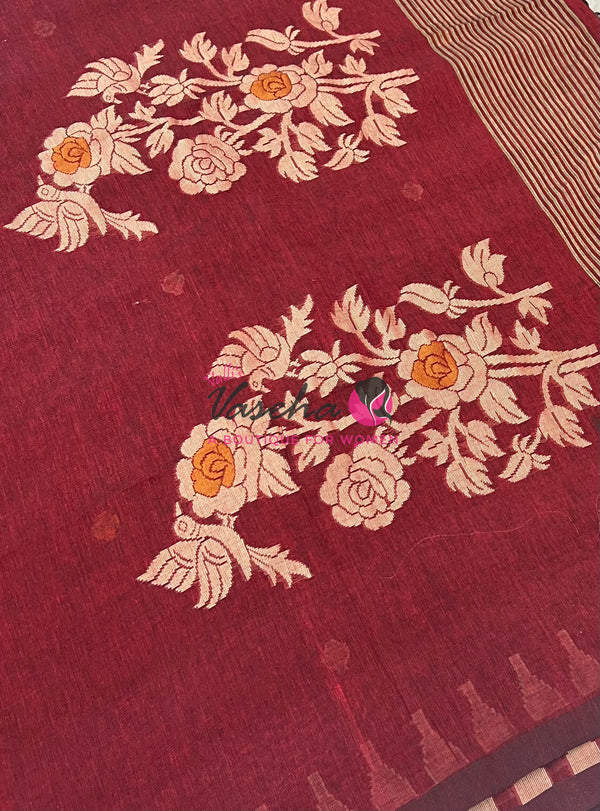 Bengal Kaddhi Cotton Saree | VVBKC001 |Maroonish Red
