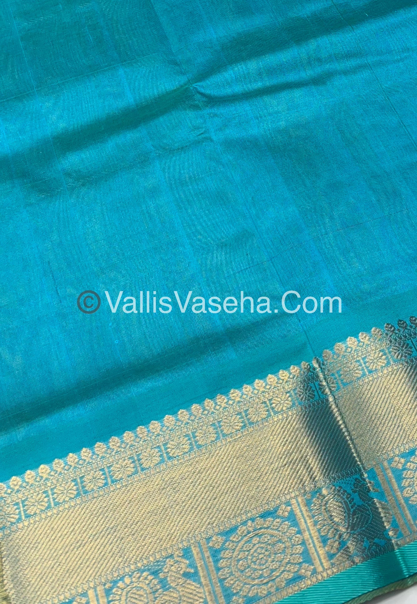Pure Silk Cotton Saree - Mayil & Chakkaram Design - Double Tone  Mango Yellow with  Turquoise - VVMC001