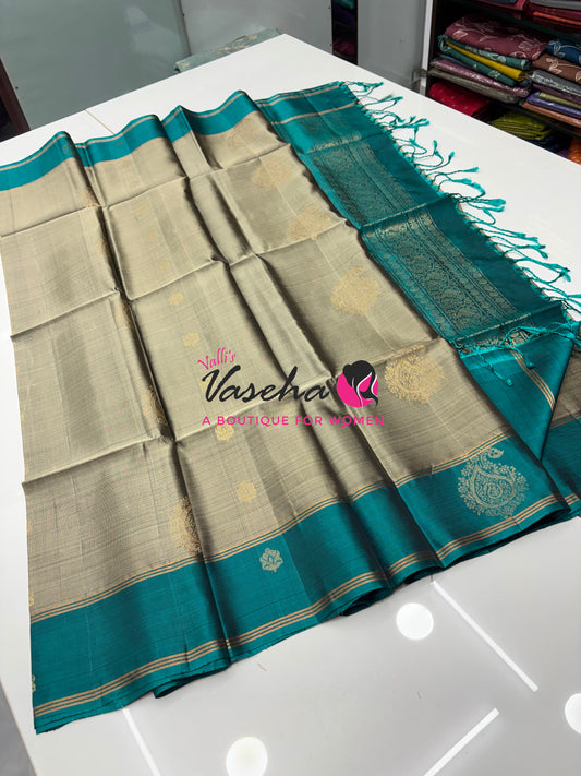 Half Mix - Pure Soft Silk Saree - Grey With Blue - VVPSS085