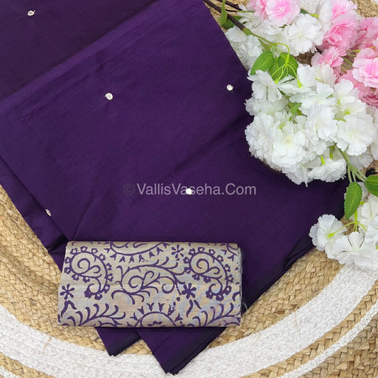 South Mixed Cotton - Mirror Work Embroidery - Purple With Grey  - VVPCM002