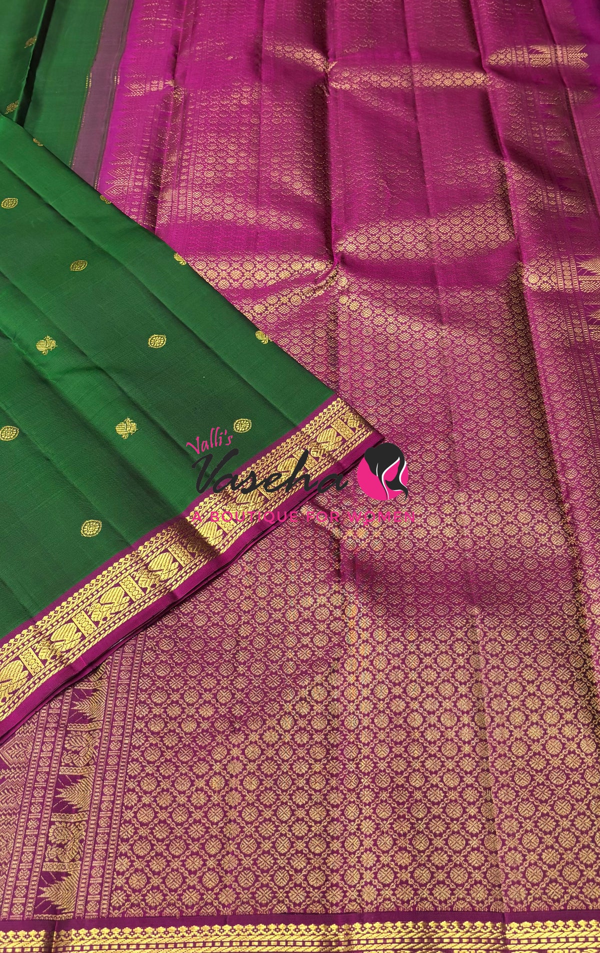 Pure Kanchipuram Silk Saree - Green & Purplish Pink - VVPS086