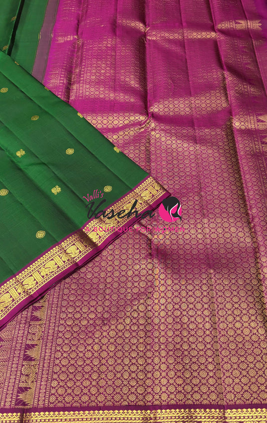 Pure Kanchipuram Silk Saree - Green & Purplish Pink - VVPS086