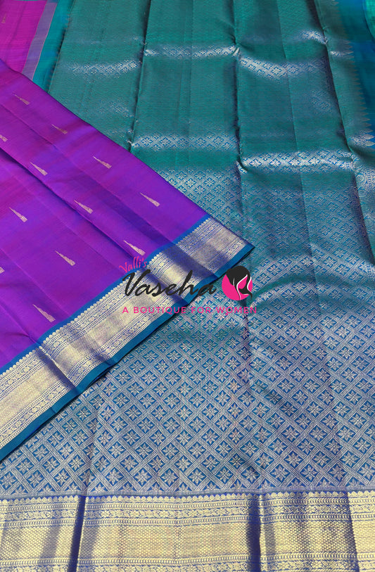 Pure Kanchipuram Silk Saree - Purplish Pink With Peacock Blue - VVPS088