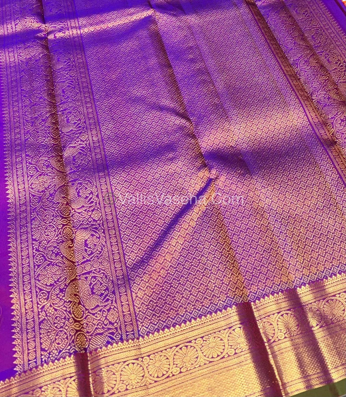 Pure Kanchipuram Silk Saree - Peachish Orange with Purple combo - VVPS011