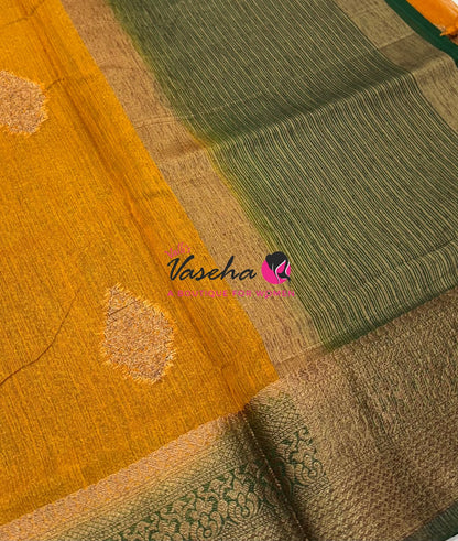 Bamboo Silk Saree - Yellow with Green  - VVBSS018