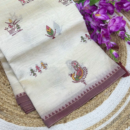 Semi Tussar Embroidery - Cream with Merun Combo - VVSTE001