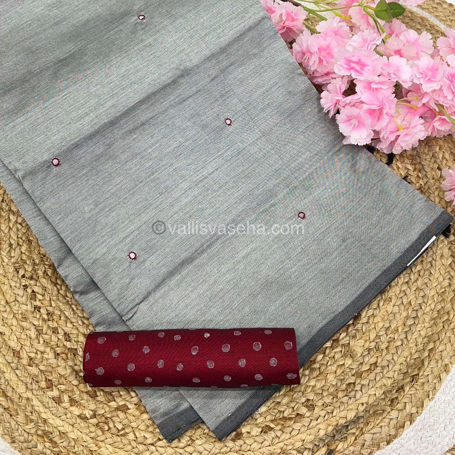 South Mixed Cotton - Mirror Work Embroidery - Grey with Maroon - VVPCM002