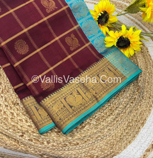 Pure Silk Cotton Saree - Mayil & Chakkaram Design -  Maroon With Blue Combo -VVMC003
