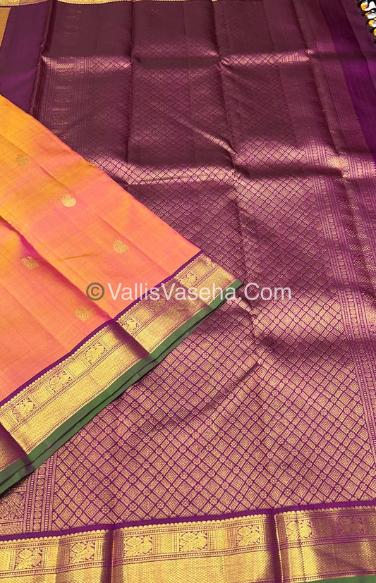 Pure Kanchipuram Silk Saree - Peach Gold & Purplish Pink Combo - VVPS014