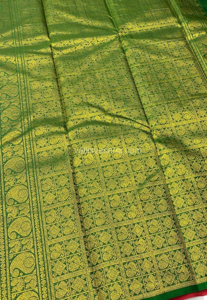 Pure Kanchipuram Silk Saree - Vaira Voosi Design - Border Less - Red with Green Combo - VVPS006