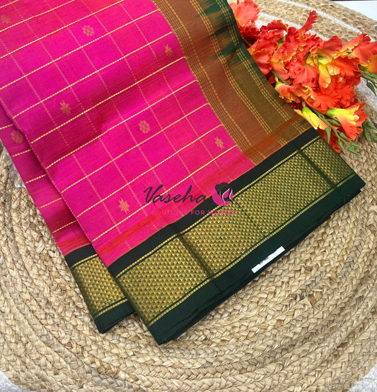 Pure Korvai Silk Cotton - Checks Pattern - Pink with Green Shade  - VVKSC015