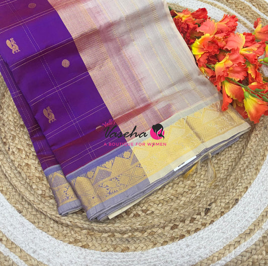 Pure Korvai Silk Cotton - Checks Pattern - Purple with Cream Shade  - VVKSC035