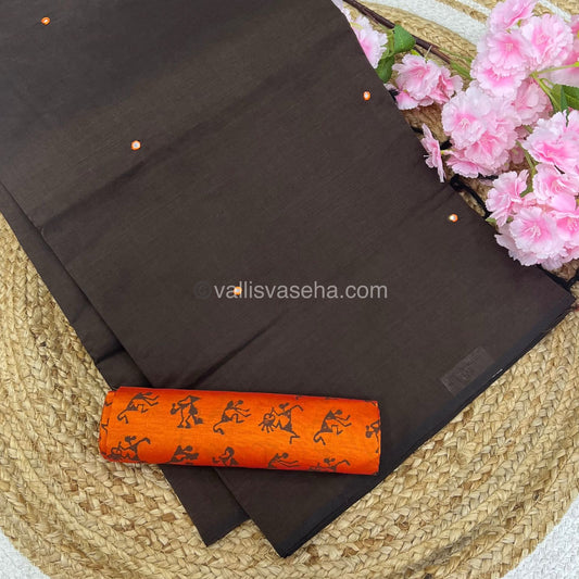 South Mixed Cotton - Mirror Work Embroidery - Brown with Orange - VVPCM002