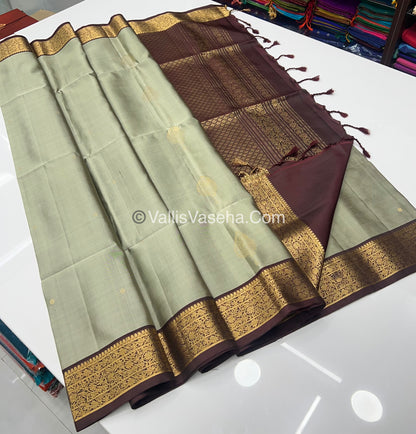 Pure Soft Silk Saree - Kanchi Border - Velum & Mayilum - Grey & Wine Brown Combo - VVPSS046