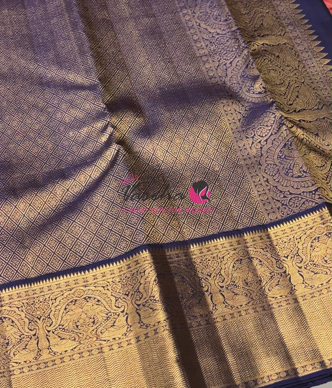 Pure Vintage Korvai Kanchipuram Silk Saree - Light Pink & Navy Blue Combo - VVPS044