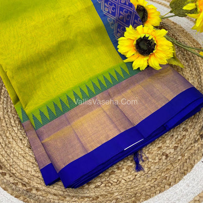 Pure Korvai Silk Cotton Saree -  Sneha Green With Blue Shade Temple border - VVKSC001