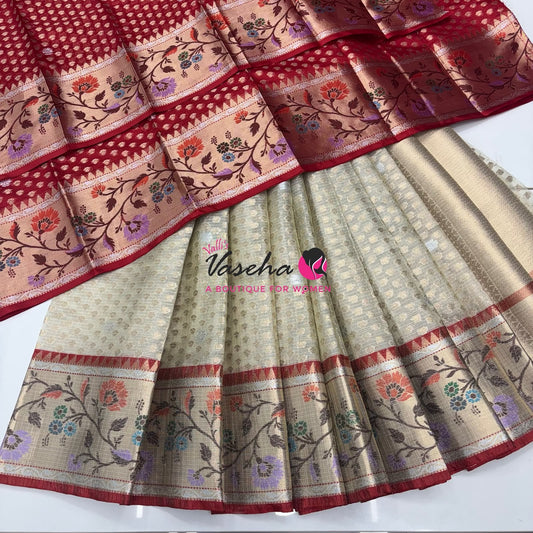 Unstitched - Lehenga Material - Zari Kota Tissue - Cream & Red - VVULM001
