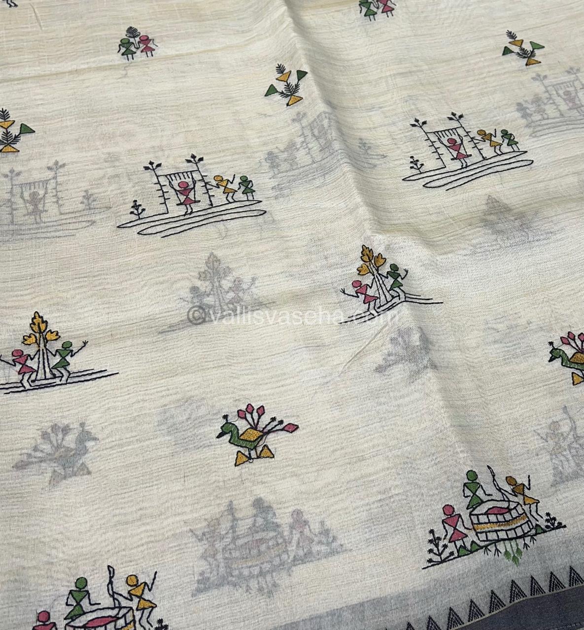 Semi Tussar Embroidery - Cream with Greyish Black Combo - VVSTE001