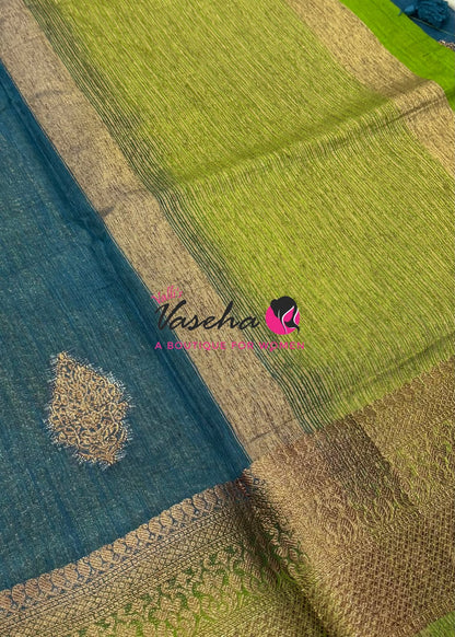 Bamboo Silk Saree - Blue With Green - VVBSS018