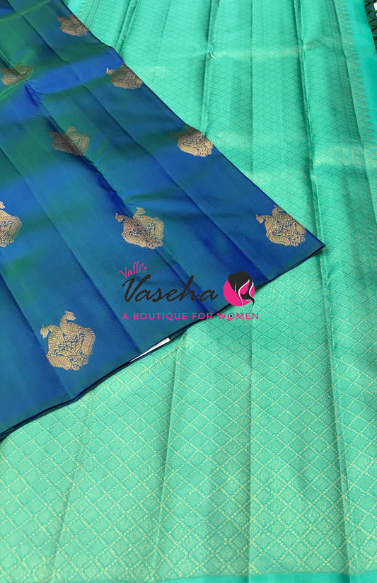 Pure Kanchipuram Silk Saree - Borderless - Peacock Blue with Multi Bluish Green - VVPS043