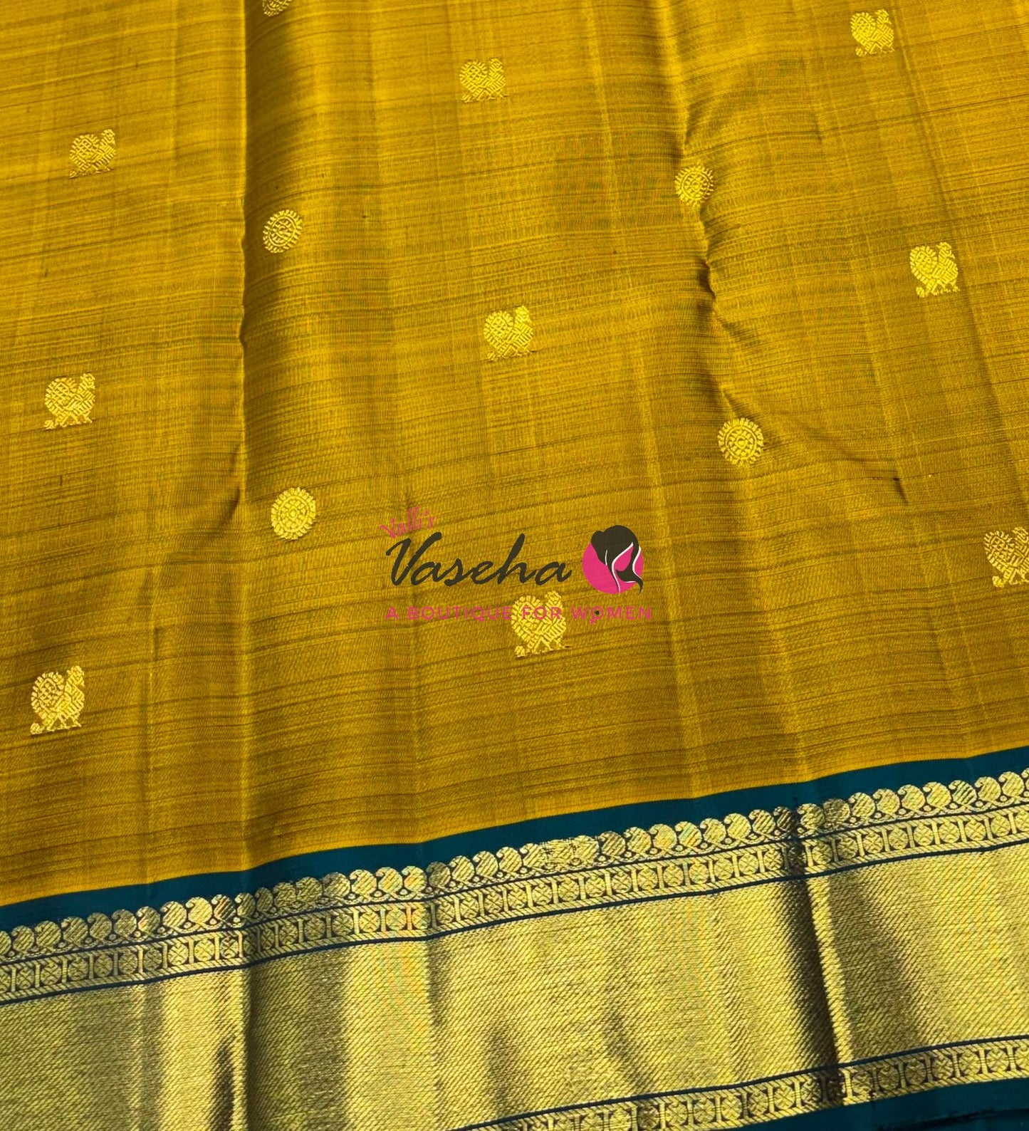 Pure Kanchipuram Silk Saree - Vendhaya Yellow & Ramar Blueish Green Shade  - VVPS057