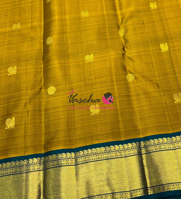 Pure Kanchipuram Silk Saree - Vendhaya Yellow & Ramar Blueish Green Shade  - VVPS057