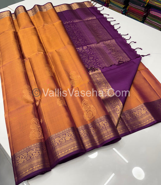 Pure Soft Silk Saree - Kanchi Border - Dual Tone Orangish Gold & Purplish Pink Combo - VVPSS046