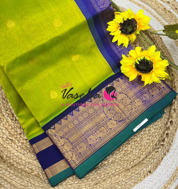 Pure Korvai Silk Cotton Saree - Sneha Green with Red - VVKSC019