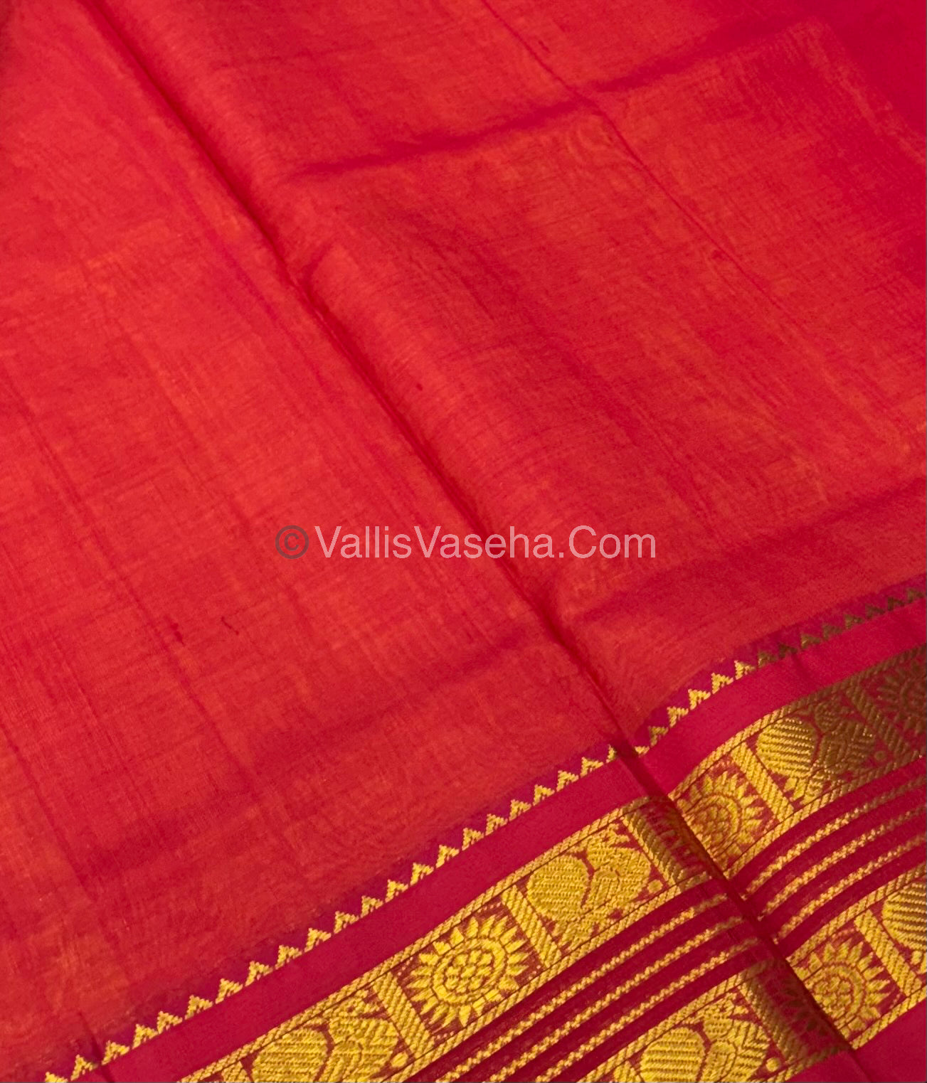 Pure Korvai Silk Cotton - Retta Petta Border - Yellow With Red Combo - VVKSC010