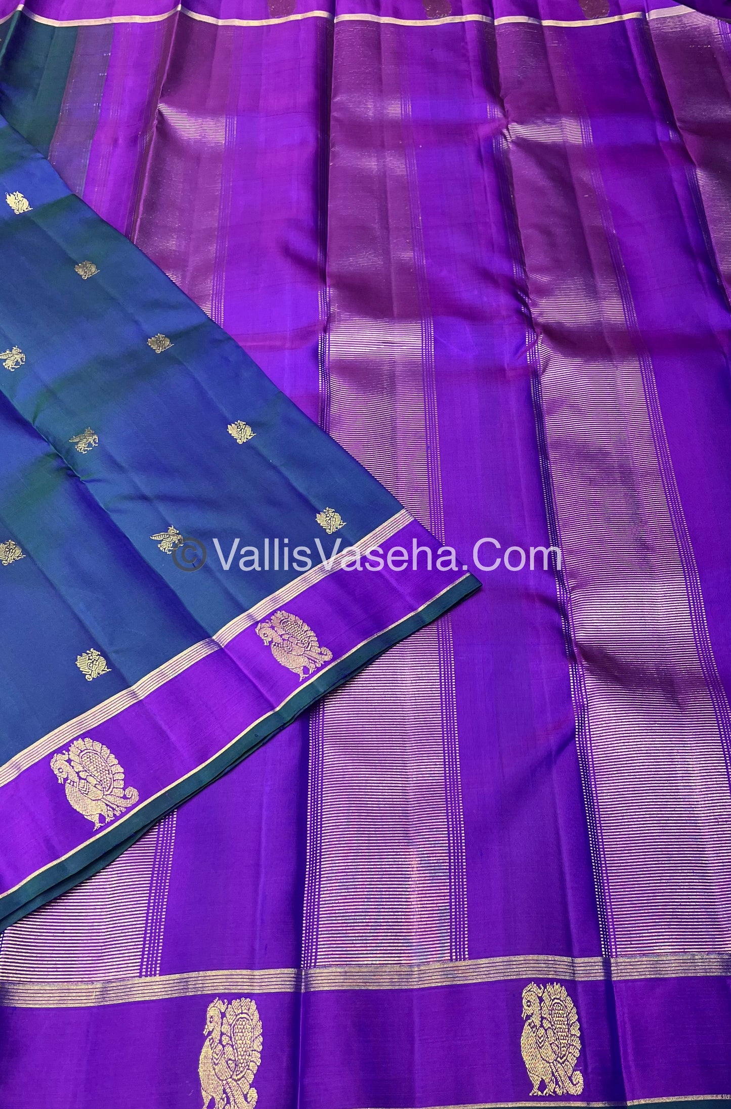 Pure Kanchipuram Silk Saree - Peacock Blue With Purple Shade  - VVPS022