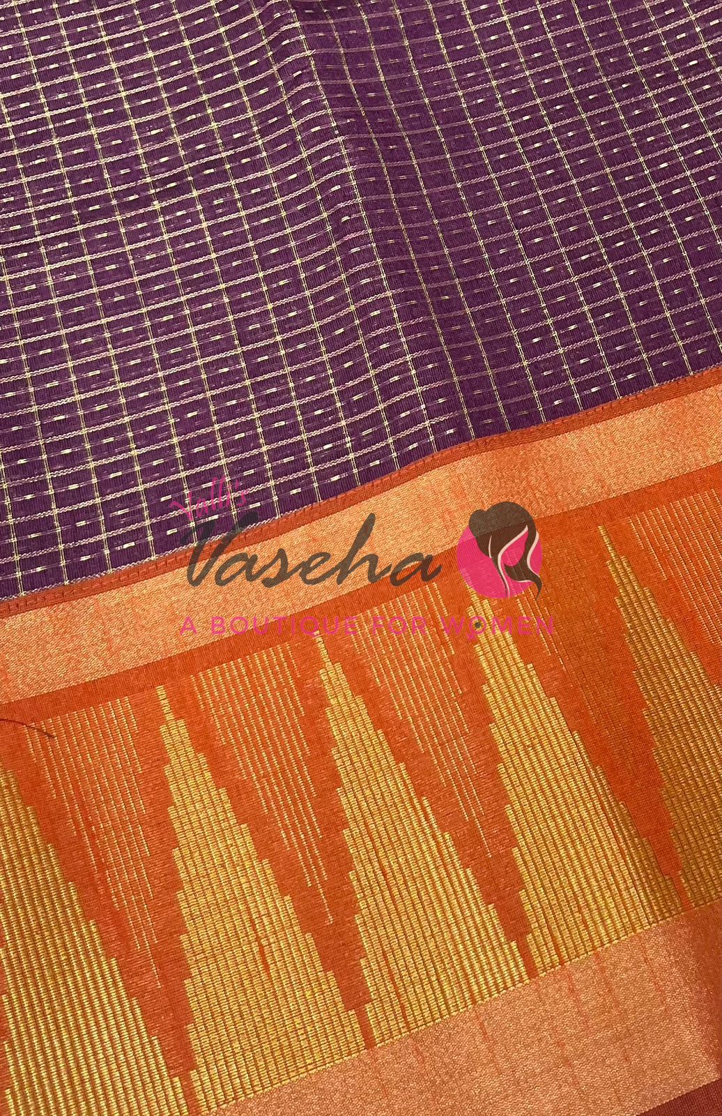 Semi Raw Silk - Lakshadeepam Design - Dark Purple With Rust Orange Shade - VVRS008