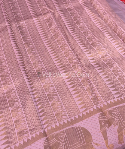 Semi Silk Saree - Kanchi Silk Style - Elephant Border - Green with Pink - VVSSS005