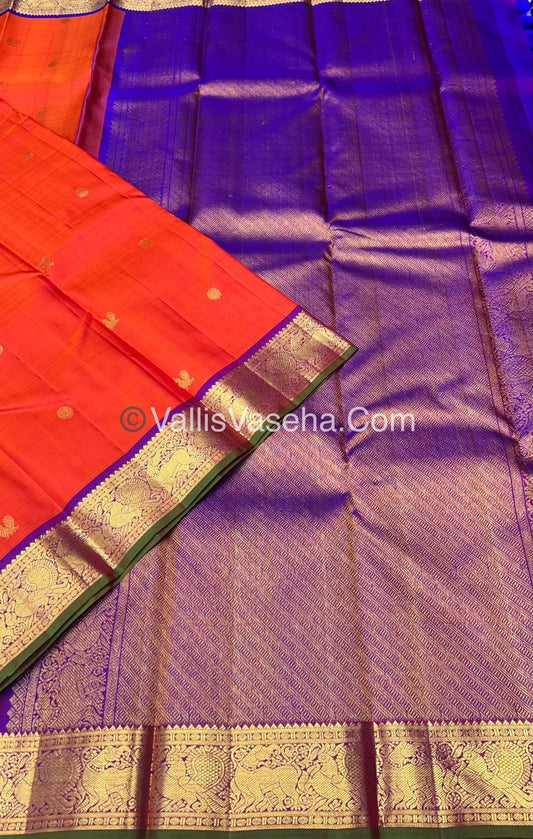 Pure Kanchipuram Silk Saree - Bright Orange & Purple Combo - VVPS014