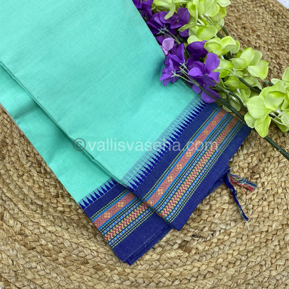 Kanchi Cotton Saree - Sea Green with Blue - VVKCS003