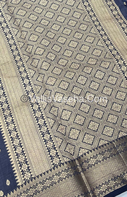 Semi Tussar Silk - Grand Pallu  - Navy Blue Shade - VVSTS017