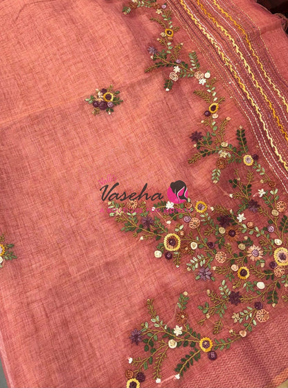 French Knot - Linen Tissue Saree - Peach Shade - VVLFN018