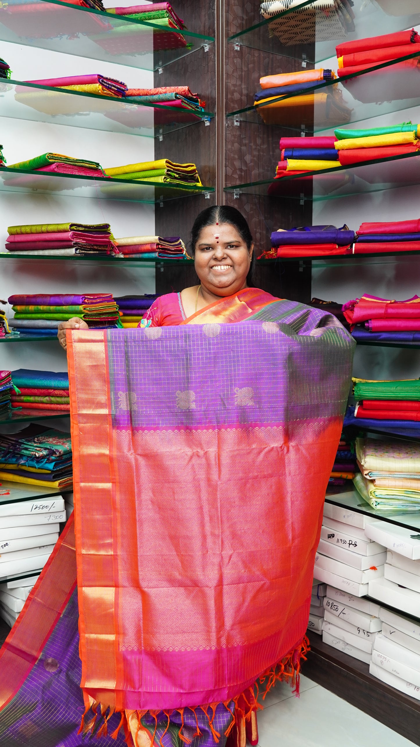 Pure Silk Cotton Saree - Mayil & Chakkaram Design - Purplish Blue with Peachish Pink Combo - VVMC002