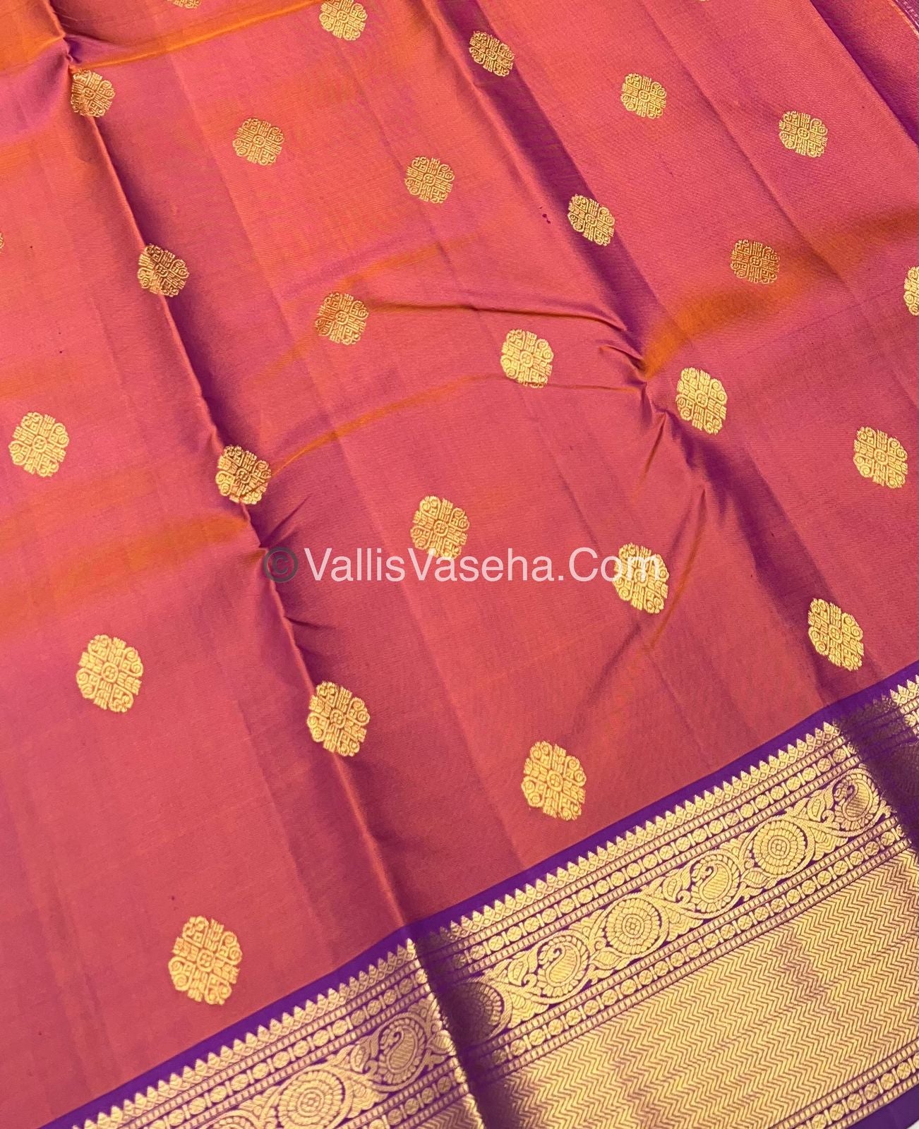 Pure Kanchipuram Silk Saree - Triple Tone Peachish Rust & Purple Combo - VVPS014
