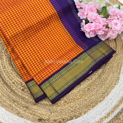 Pure Korvai Silk Cotton - Podi Kattam - Yellow & Red With Blue - VVKSC003