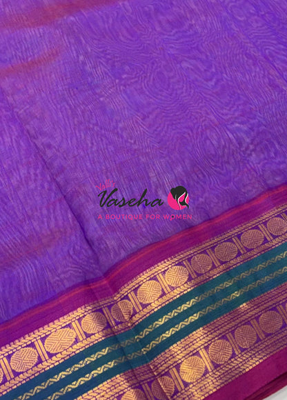 Pure Korvai Silk Cotton Saree - Blue with Purple - VVKSC004