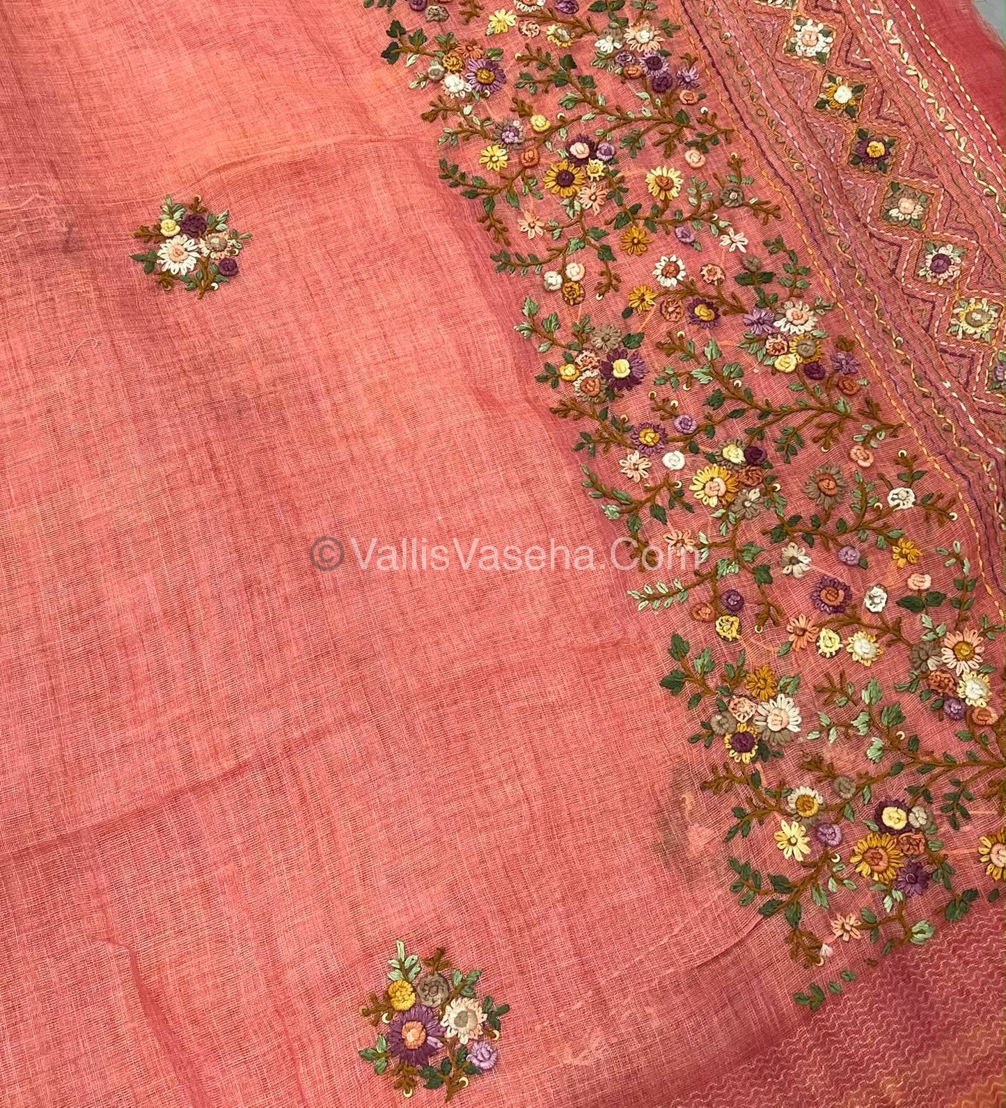 French Knot - Linen Tissue Saree - Peach Shade - Heavy Work Blouse - VVLFN012