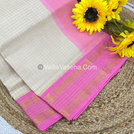 Pure Korvai Silk Cotton - Retta Petta Border - Half White with Pink Combo - VVKSC010