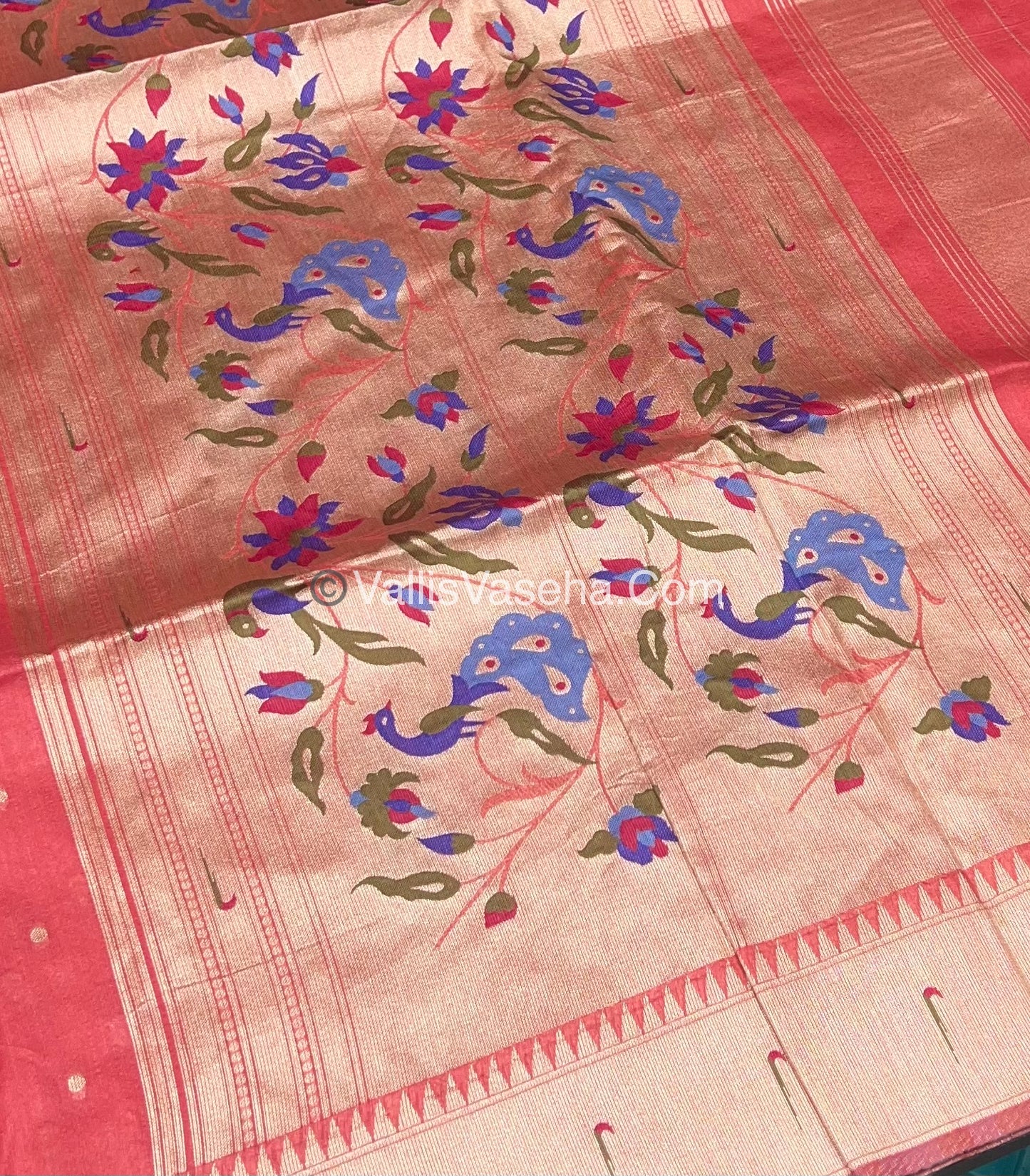 Semi Raw Silk - Paithani Design Weaving - Peach Shade - VVRS005