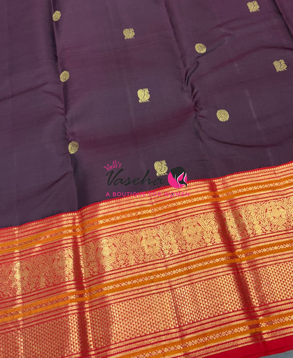 Pure Vintage Korvai Kanchipuram Silk Saree - Brown With Red - VVPS102