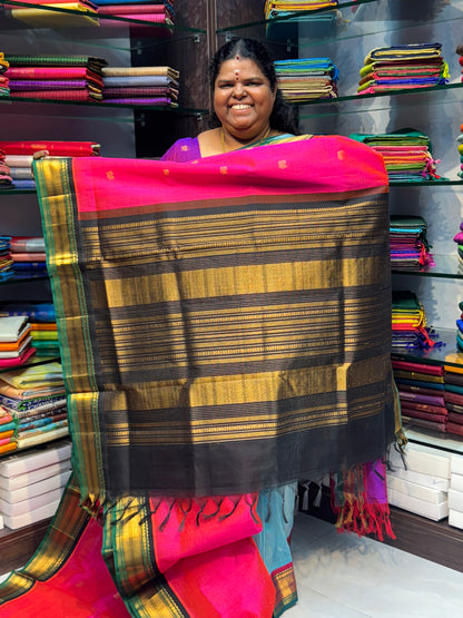 Pure Korvai Silk Cotton Saree -  Peachish Pink with Black & Green Combo - VVKSC004
